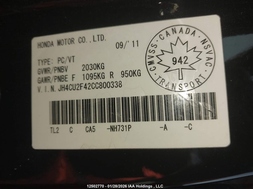 2012 Acura Tsx VIN: JH4CU2F42CC800338 Lot: 12502770