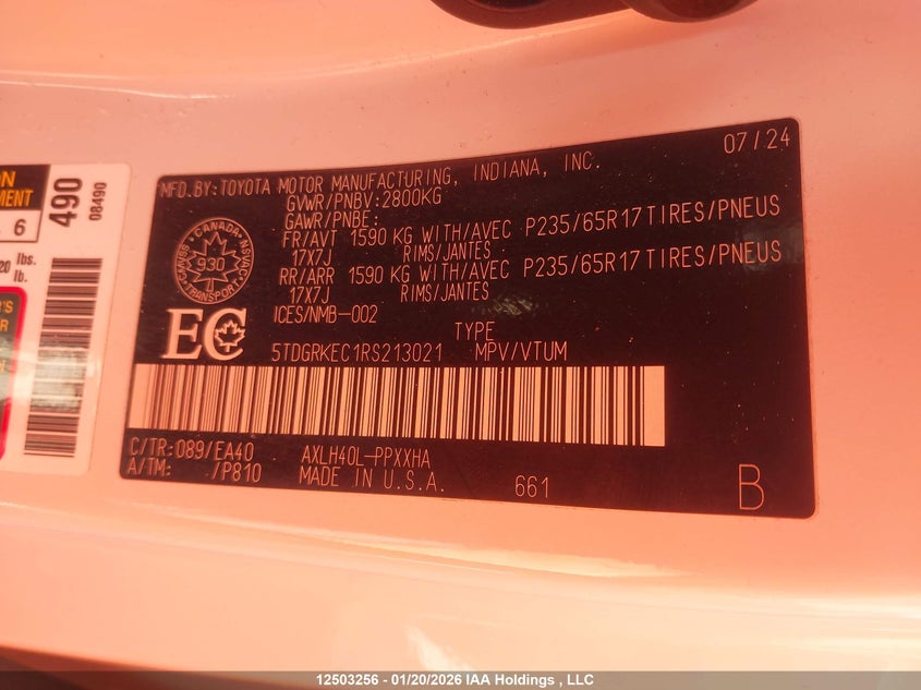 2024 Toyota Sienna VIN: 5TDGRKEC1RS213021 Lot: 12503256