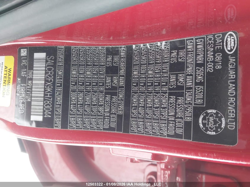 2019 Land Rover Discovery Sport Hse/Landmark Edition VIN: SALCR2FX9KH783044 Lot: 12503322