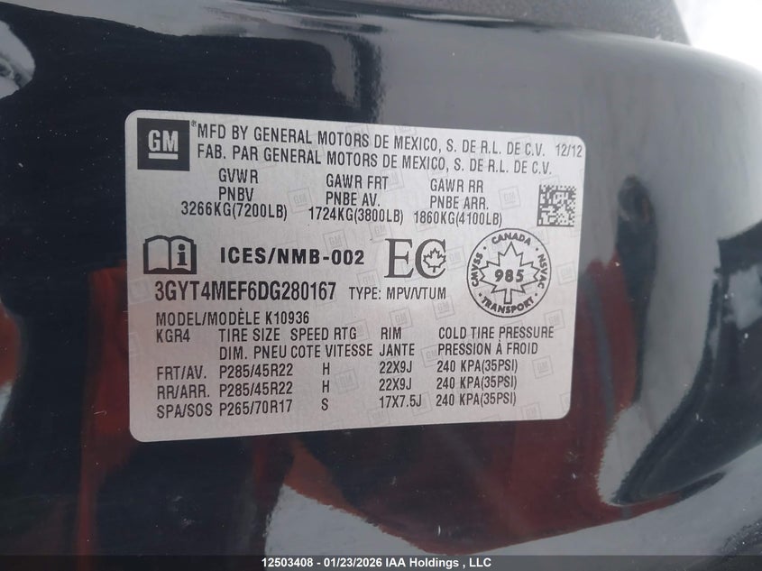 2013 Cadillac Escalade Ext Luxury VIN: 3GYT4MEF6DG280167 Lot: 12503408