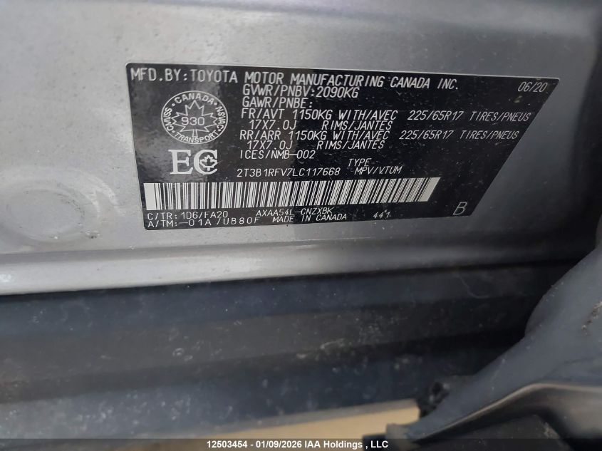 2020 Toyota Rav4 Le VIN: 2T3B1RFV7LC117668 Lot: 12503454