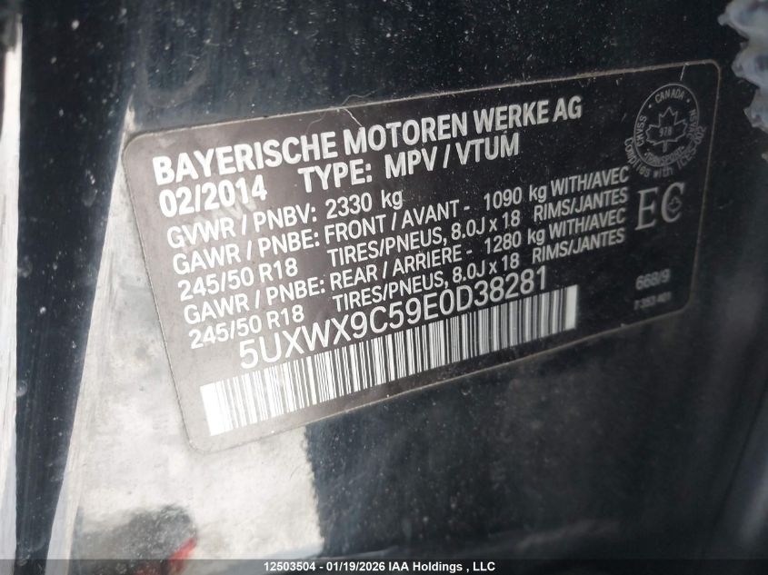 2014 BMW X3 xDrive28I VIN: 5UXWX9C59E0D38281 Lot: 12503504