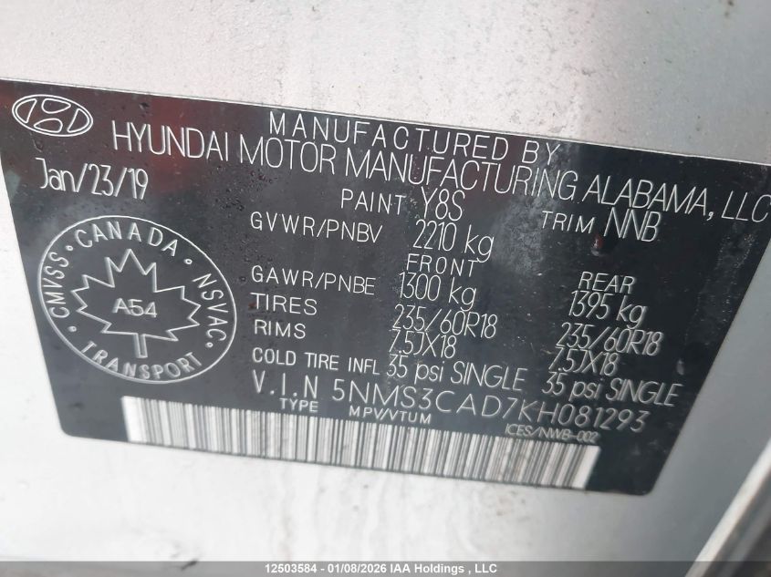 2019 Hyundai Santa Fe Sel/Sel Plus VIN: 5NMS3CAD7KH081293 Lot: 12503584