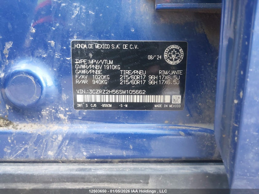 2025 Honda Hr-V Sport-B VIN: 3CZRZ2H56SM105662 Lot: 12503650