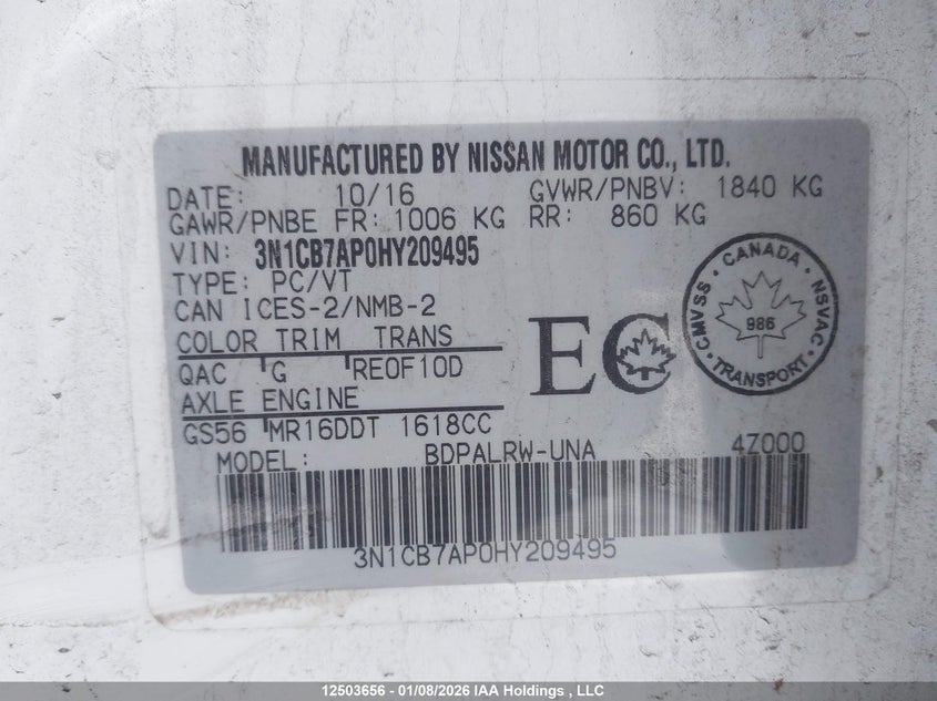 2017 Nissan Sentra VIN: 3N1CB7AP0HY209495 Lot: 12503656