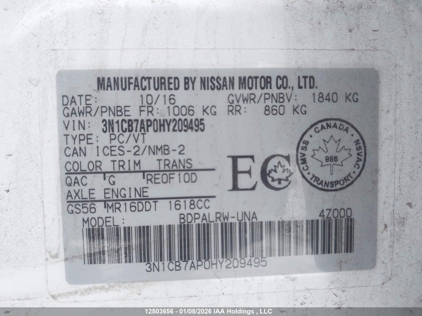 2017 Nissan Sentra VIN: 3N1CB7AP0HY209495 Lot: 12503656