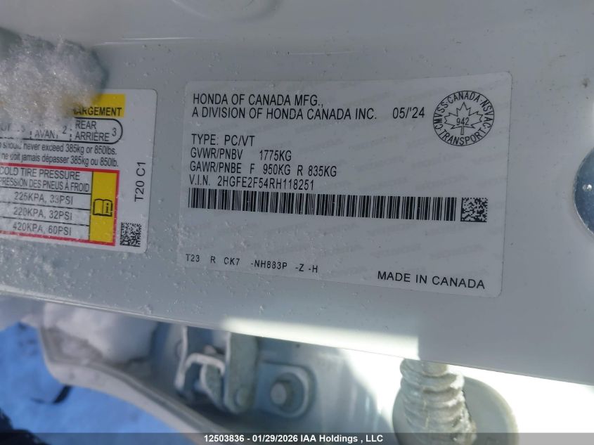 2024 Honda Civic Sport VIN: 2HGFE2F54RH118251 Lot: 12503836
