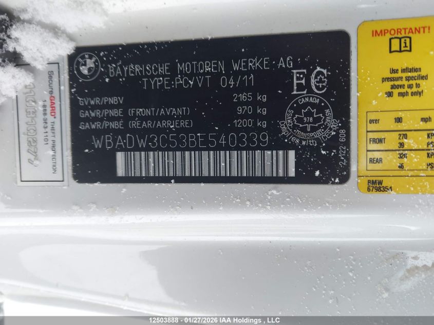 2011 BMW 328 I VIN: WBADW3C53BE540339 Lot: 12503888