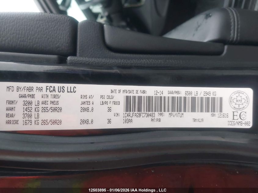 2015 Jeep Grand Cherokee Laredo VIN: 1C4RJFAG9FC730483 Lot: 12503895