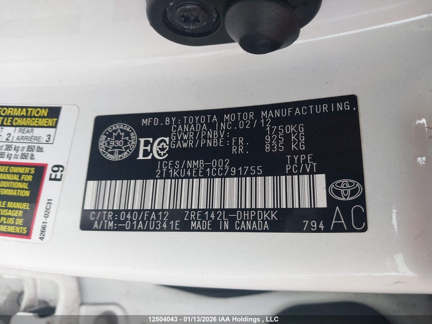 2012 Toyota Matrix VIN: 2T1KU4EE1CC791755 Lot: 12504043