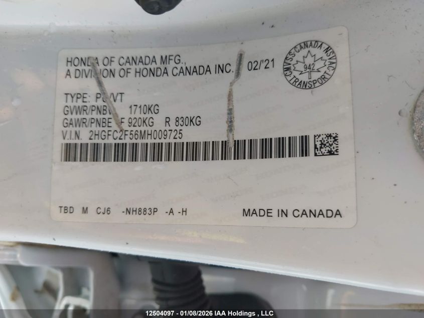 2021 Honda Civic Lx VIN: 2HGFC2F56MH009725 Lot: 12504097