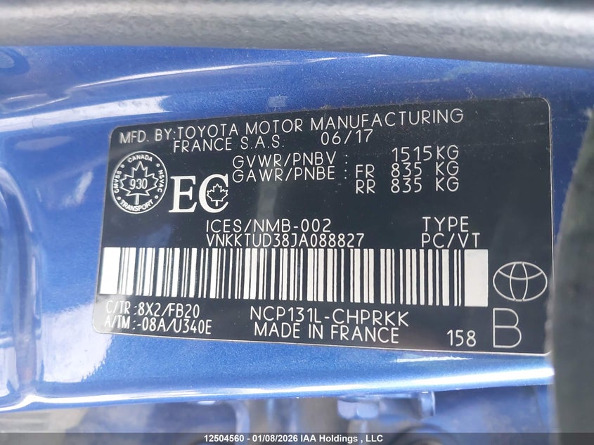 2018 Toyota Yaris VIN: VNKKTUD38JA088827 Lot: 12504560