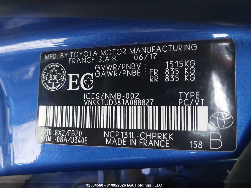 2018 Toyota Yaris VIN: VNKKTUD38JA088827 Lot: 12504560