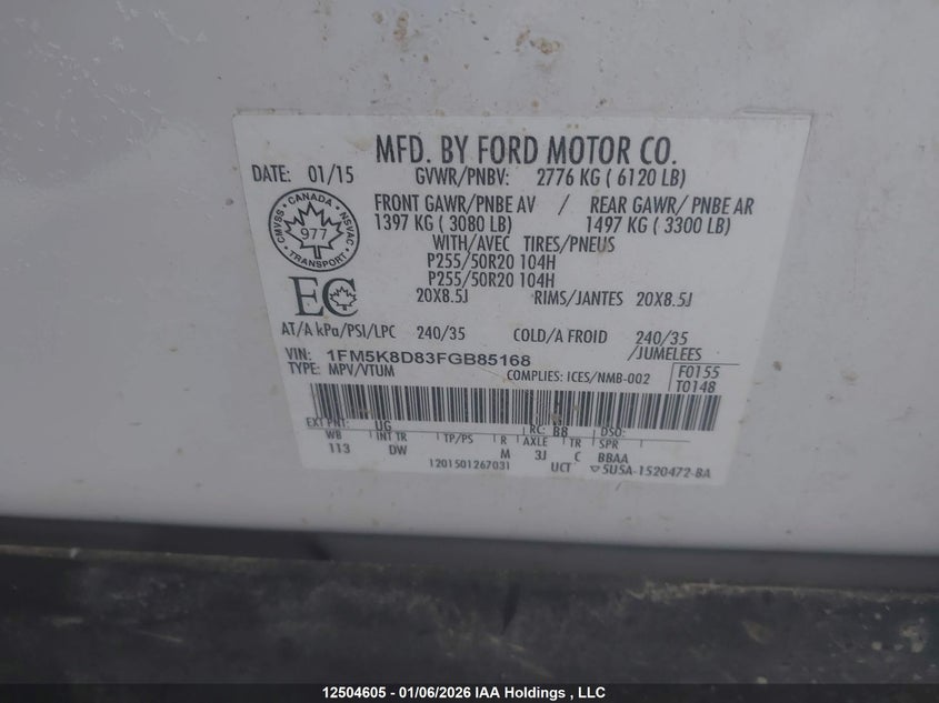 2015 Ford Explorer Xlt VIN: 1FM5K8D83FGB85168 Lot: 12504605