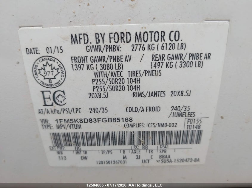 2015 Ford Explorer Xlt VIN: 1FM5K8D83FGB85168 Lot: 12504605