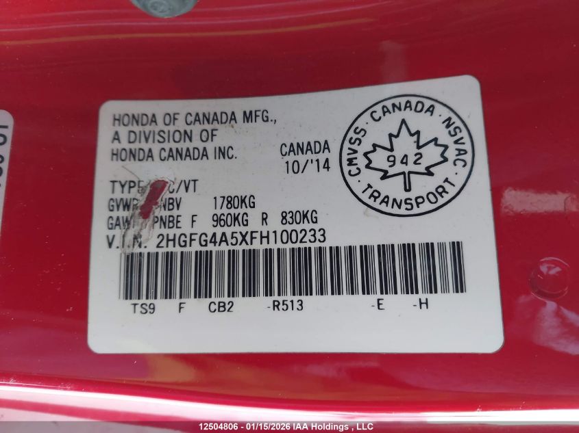 2015 Honda Civic Si Si VIN: 2HGFG4A5XFH100233 Lot: 12504806