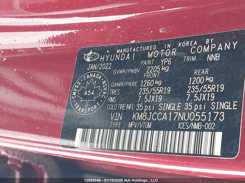 2022 Hyundai Tucson Hybrid Luxury VIN: KM8JCCA17NU055173 Lot: 12505540