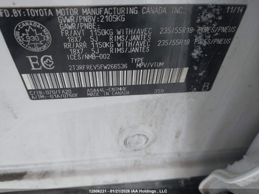 2015 Toyota Rav4 Xle VIN: 2T3RFREV5FW266536 Lot: 12506231