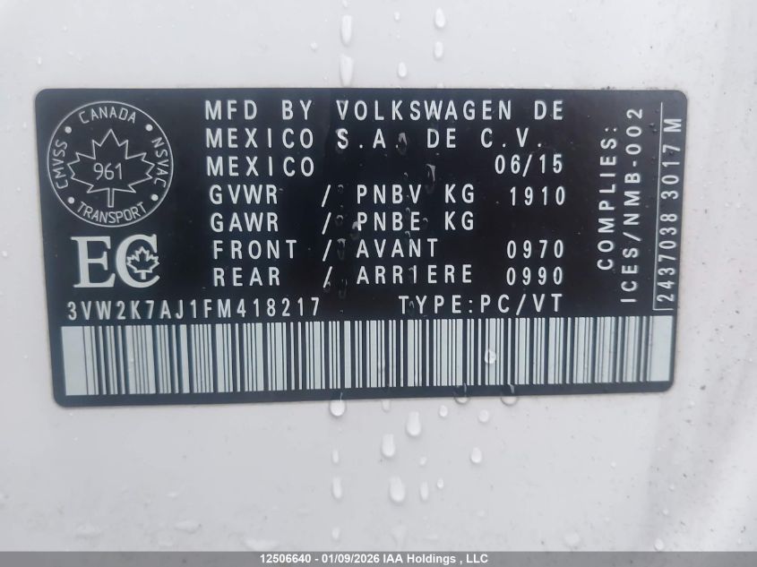 2015 Volkswagen Jetta VIN: 3VW2K7AJ1FM418217 Lot: 12506640