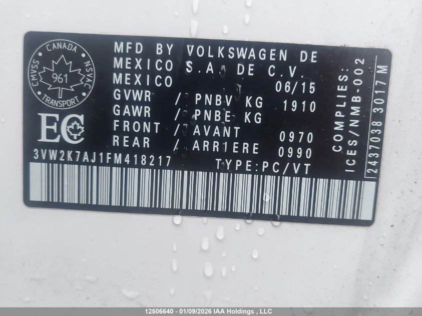 2015 Volkswagen Jetta VIN: 3VW2K7AJ1FM418217 Lot: 12506640