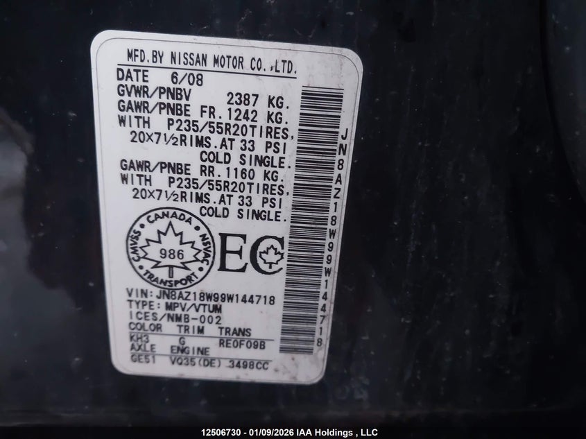 2009 Nissan Murano S/Sl/Le VIN: JN8AZ18W99W144718 Lot: 12506730