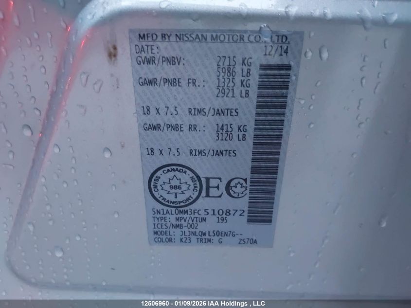 2015 Infiniti Qx60 VIN: 5N1AL0MM3FC510872 Lot: 12506960