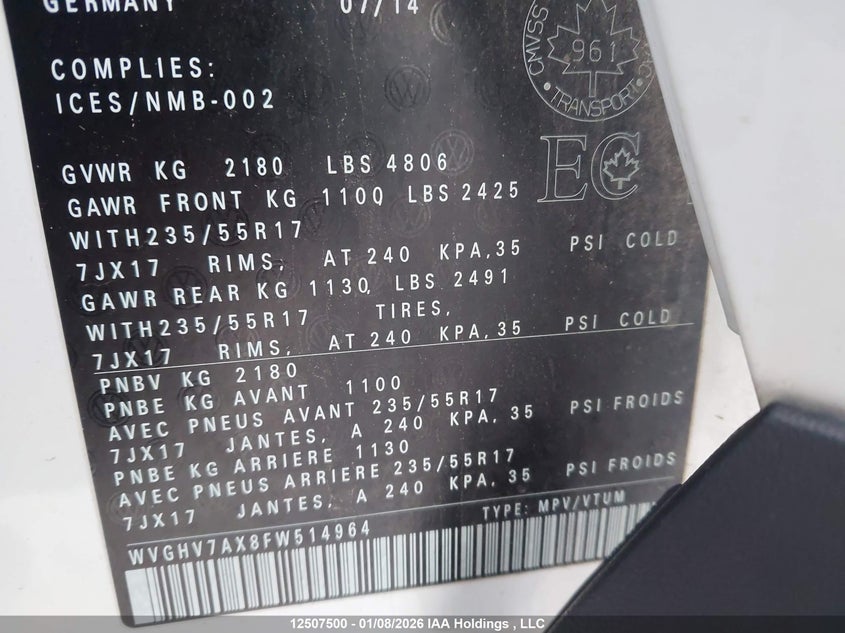 2015 Volkswagen Tiguan Comfortline/Trendline VIN: WVGHV7AX8FW514964 Lot: 12507500