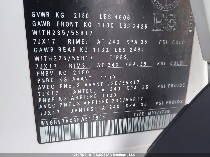 2015 Volkswagen Tiguan Comfortline/Trendline VIN: WVGHV7AX8FW514964 Lot: 12507500