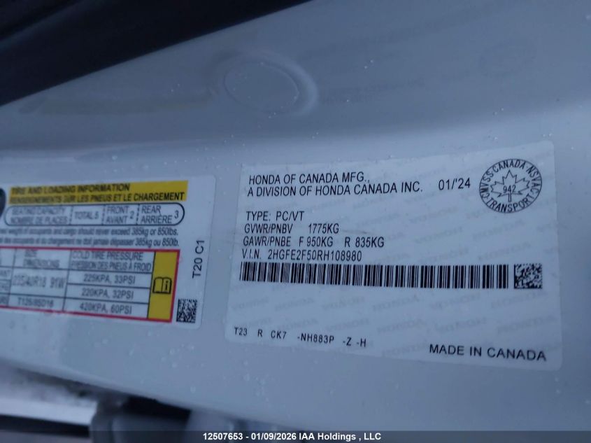 2024 Honda Civic Sport VIN: 2HGFE2F50RH108980 Lot: 12507653