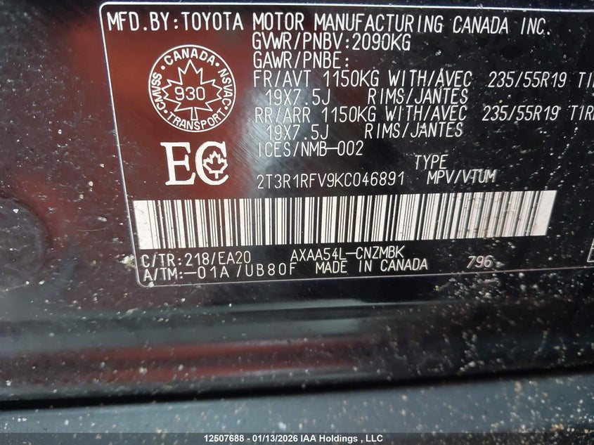 2019 Toyota Rav4 Xle/Xle Premium VIN: 2T3R1RFV9KC046891 Lot: 12507688