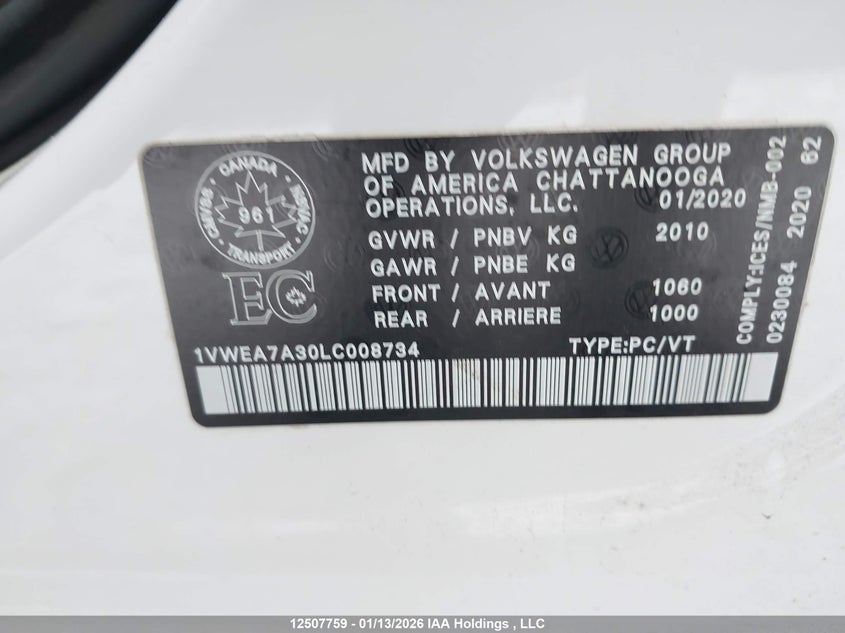 2020 Volkswagen Passat Execline VIN: 1VWEA7A30LC008734 Lot: 12507759