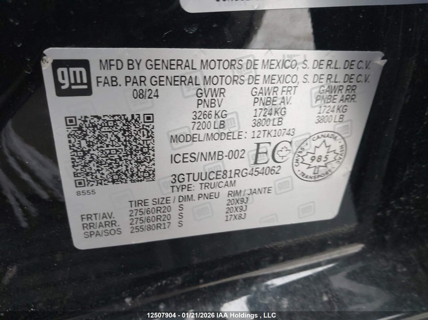 2024 GMC Sierra 1500 VIN: 3GTUUCE81RG454062 Lot: 12507904