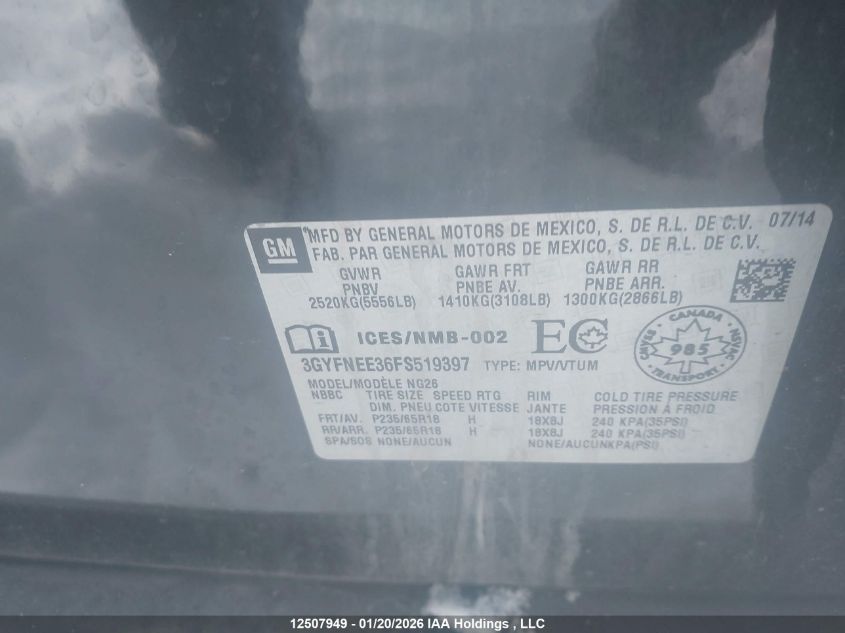 2015 Cadillac Srx VIN: 3GYFNEE36FS519397 Lot: 12507949