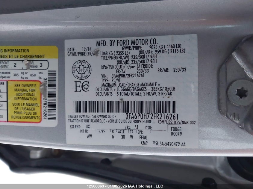 2015 FORD FUSION SEDAN 2.5L I-4 DOHC, VVT, 175HP