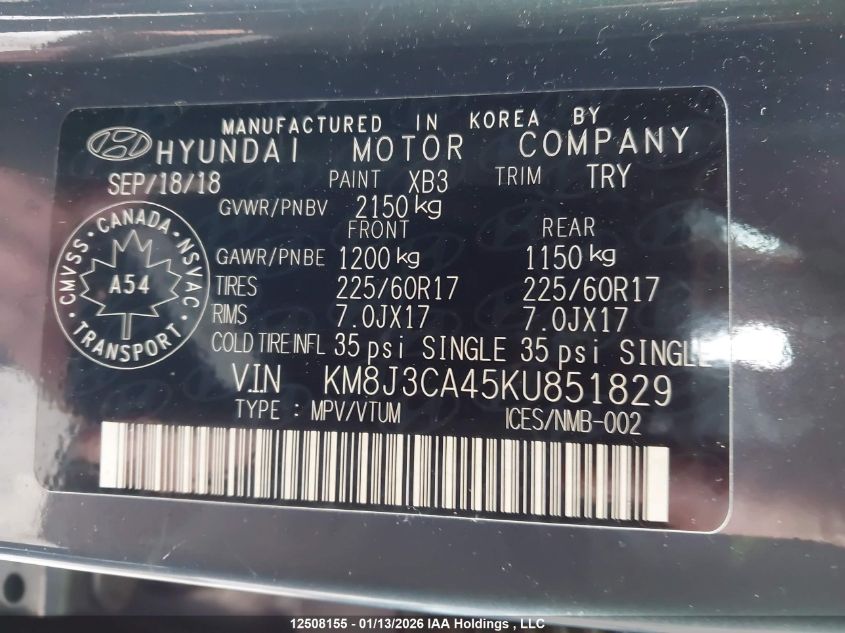 2019 Hyundai Tucson Preferred VIN: KM8J3CA45KU851829 Lot: 12508155