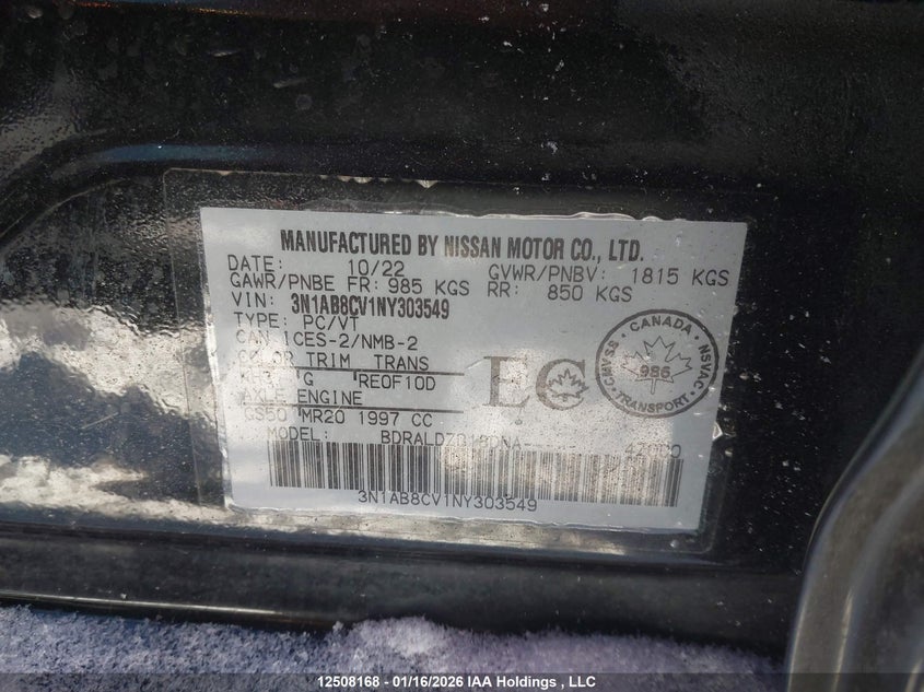 2022 Nissan Sentra VIN: 3N1AB8CV1NY303549 Lot: 12508168