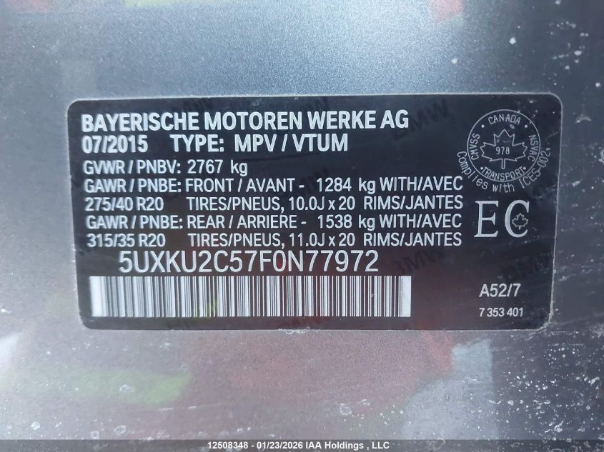 2015 BMW X6 xDrive35I VIN: 5UXKU2C57F0N77972 Lot: 12508348