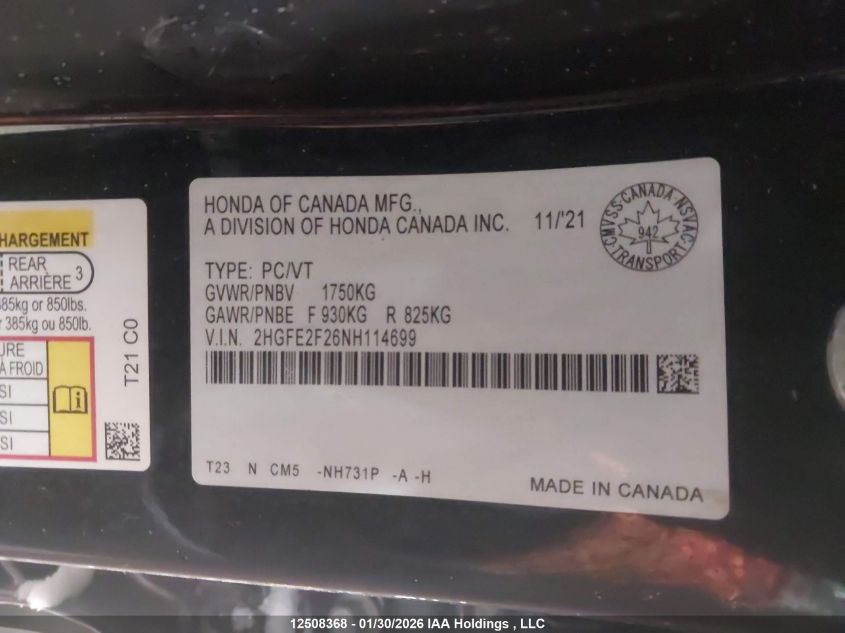 2022 Honda Civic Lx VIN: 2HGFE2F26NH114699 Lot: 12508368