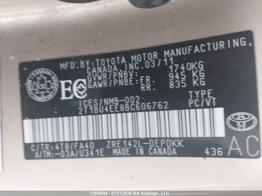 2011 Toyota Corolla S/Le VIN: 2T1BU4EE8BC606762 Lot: 12508584