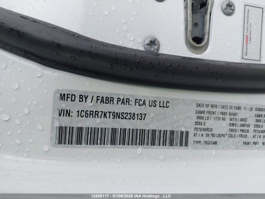 2022 Ram 1500 Classic Tradesman VIN: 1C6RR7KT9NS238137 Lot: 12509117