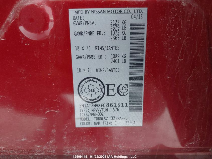 2015 Nissan Rogue S/Sl/Sv VIN: 5N1AT2MVXFC861511 Lot: 12509145