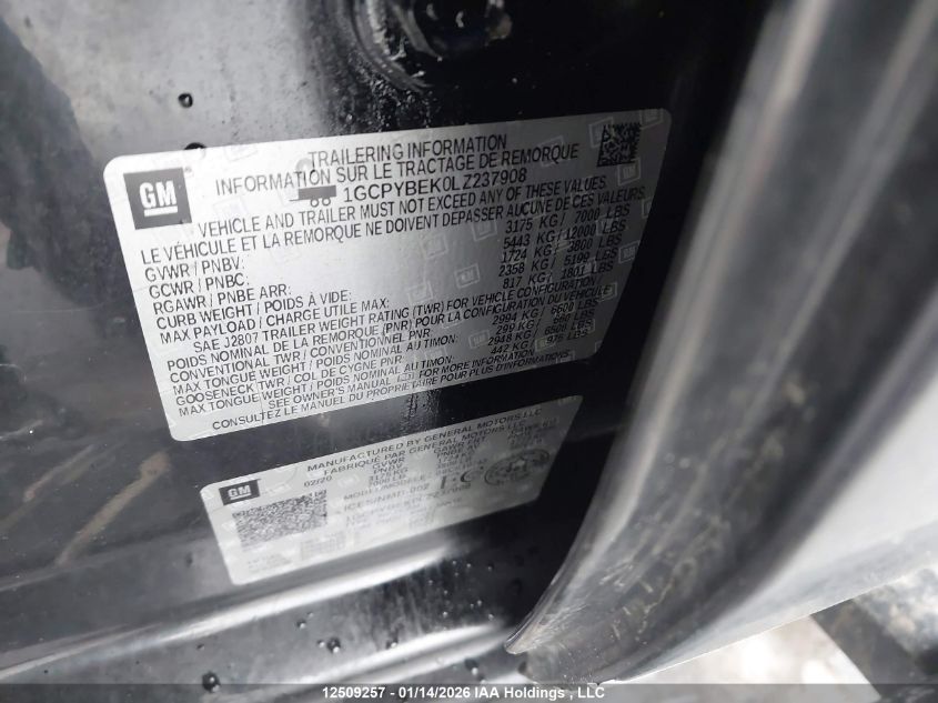2020 Chevrolet Silverado 1500 Custom VIN: 1GCPYBEK0LZ237908 Lot: 12509257