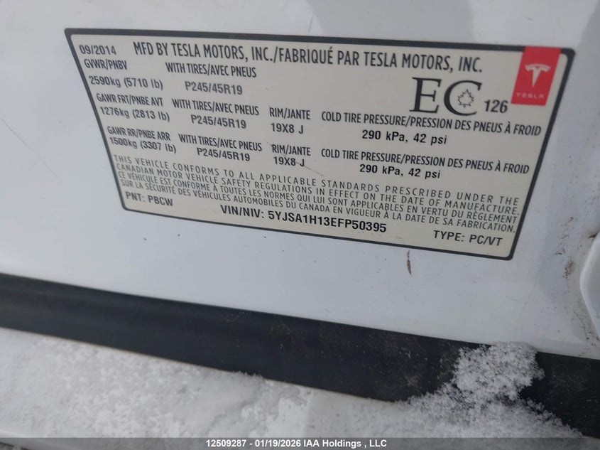 2014 Tesla Model S VIN: 5YJSA1H13EFP50395 Lot: 12509287