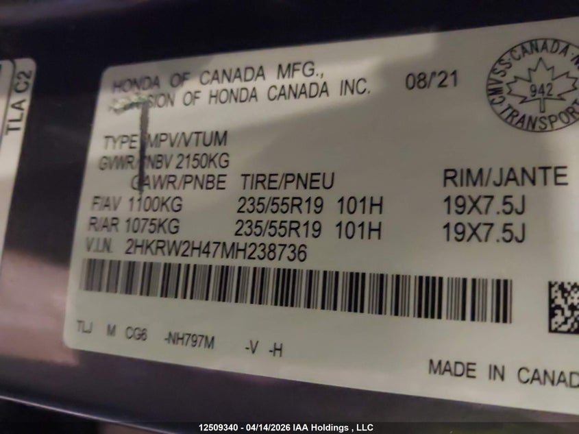 2021 Honda Cr-V VIN: 2HKRW2H47MH238736 Lot: 12509340