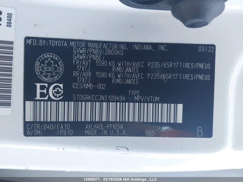 2022 Toyota Sienna Le/Xle/Xse/Limited/Platinum VIN: 5TDGRKEC3NS109494 Lot: 12509371