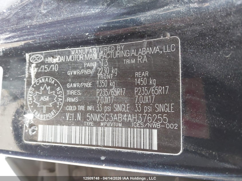2010 Hyundai Santa Fe Gl 2.4 VIN: 5NMSG3AB4AH376255 Lot: 12509748
