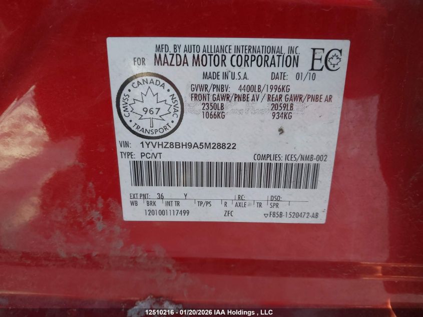 2010 Mazda Mazda6 Gs-I4 VIN: 1YVHZ8BH9A5M28822 Lot: 12510216