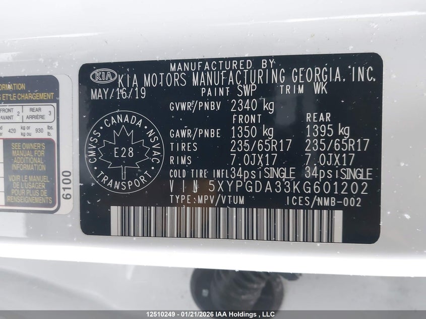 2019 Kia Sorento 2.4L Lx VIN: 5XYPGDA33KG601202 Lot: 12510249