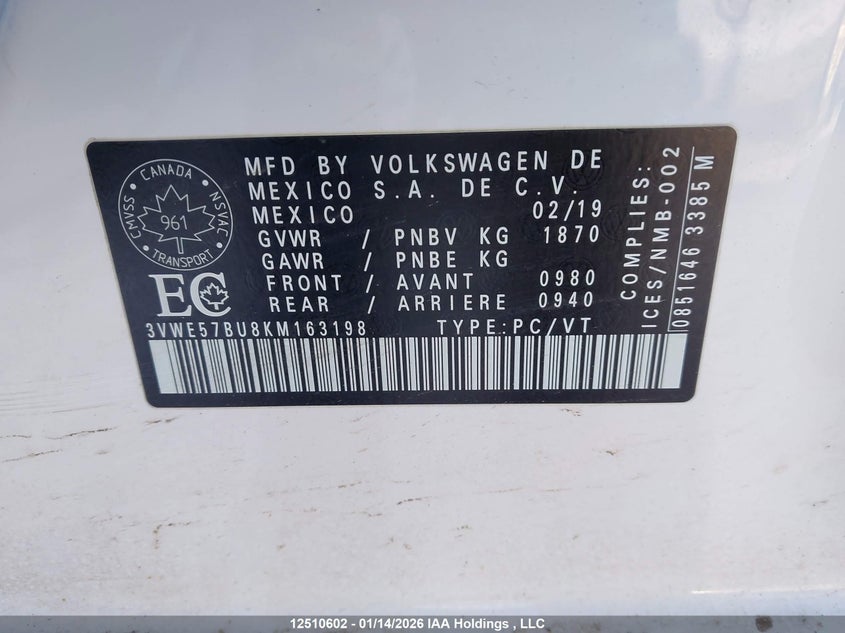 2019 Volkswagen Jetta 1.4 Tsi Highline VIN: 3VWE57BU8KM163198 Lot: 12510602