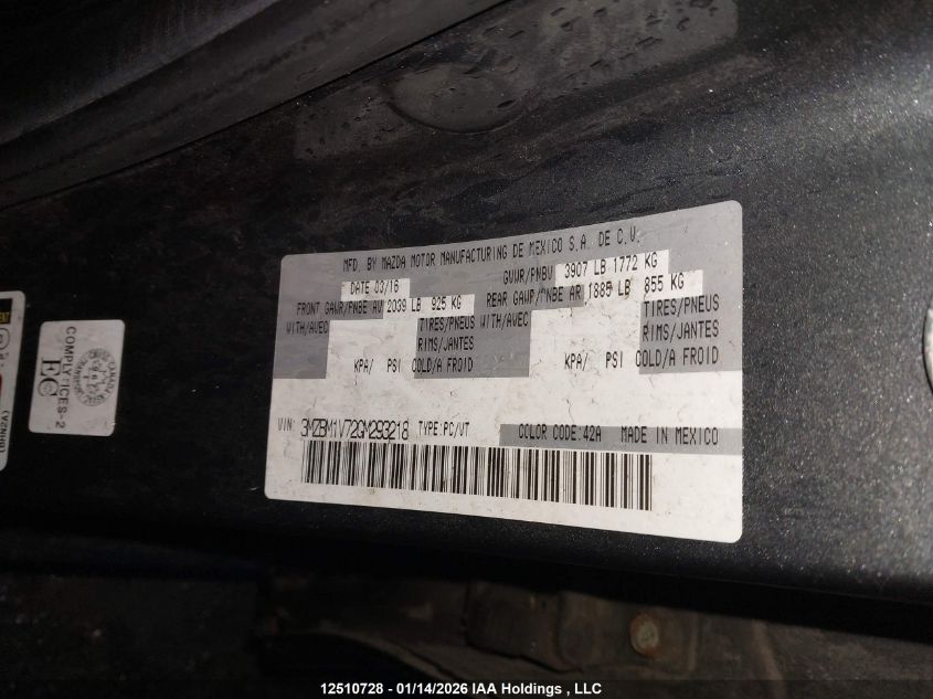 2016 Mazda 3 Touring VIN: 3MZBM1V72GM293218 Lot: 12510728